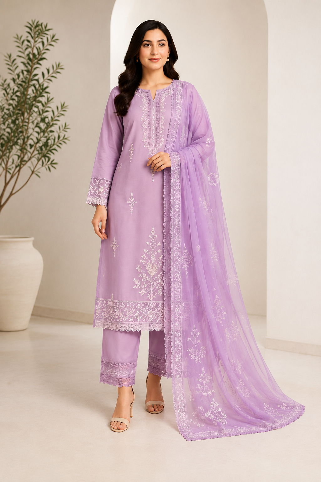 Lavender Elegance Embroidered 3-Piece Ladies Suit