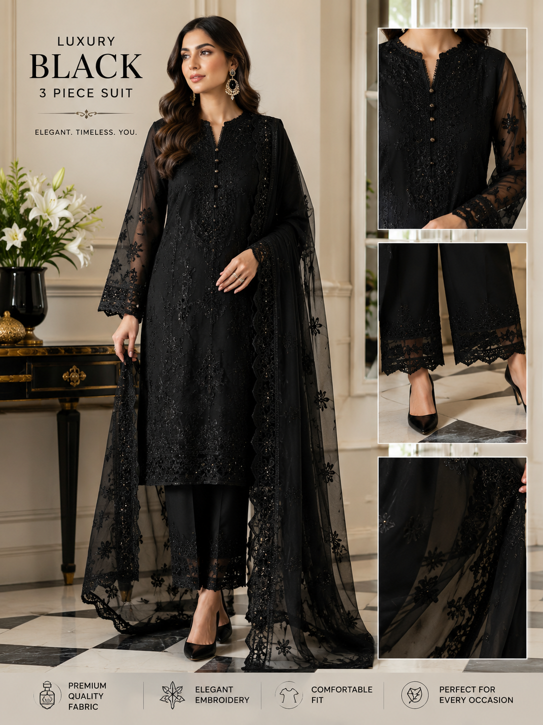 Luxury Black Embroidered 3-Piece Ladies Suit – Elegant & Timeless